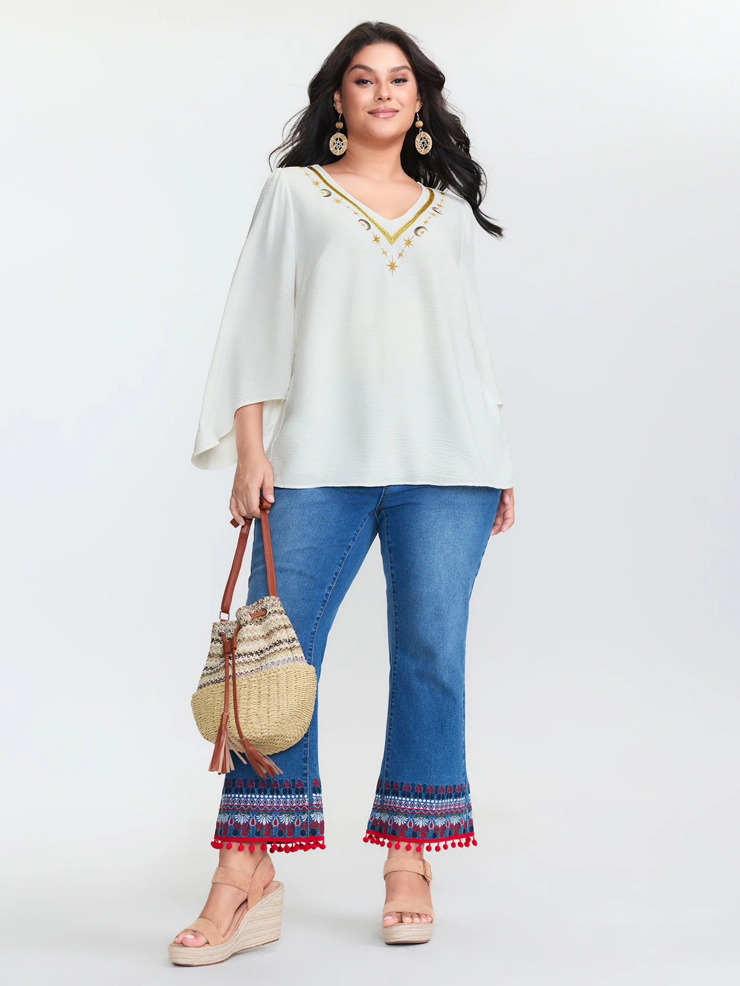 Star Moon Embroidered Neckline Flared Blouse - Image 3