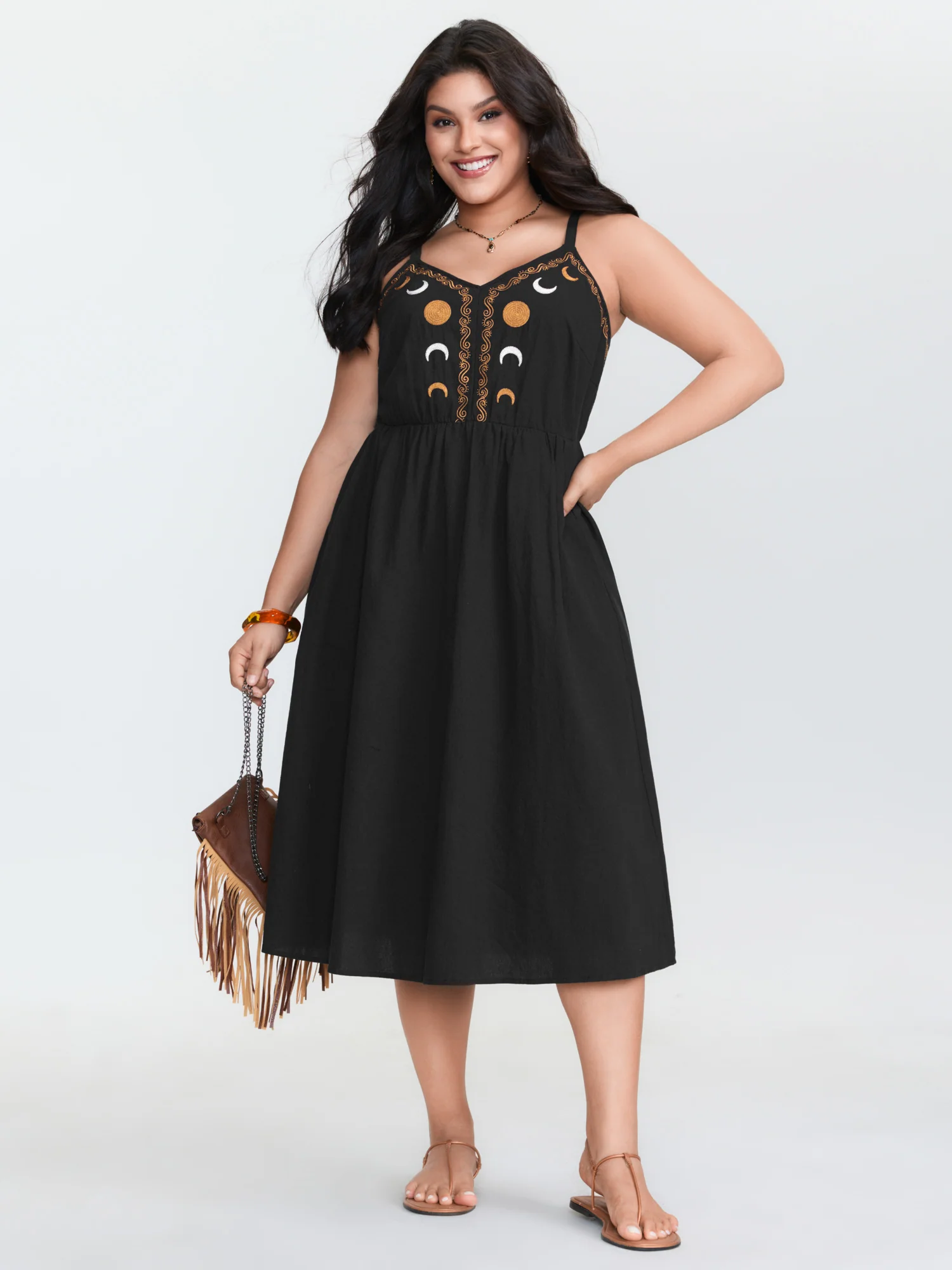 Cotton Star Moon Embroidered Shirred Midi Dress - Image 2