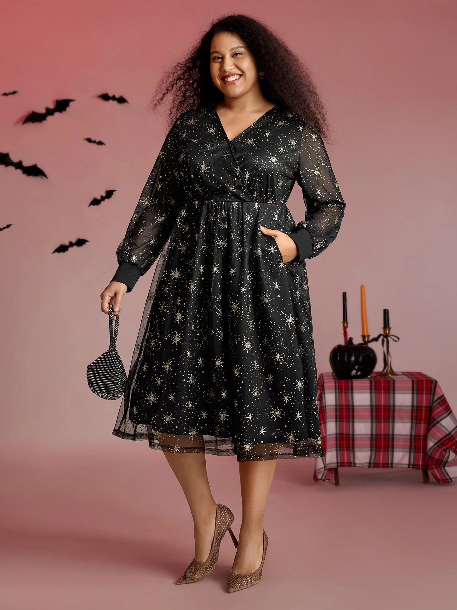 Star Moon Mesh Cinched-Waist Midi Dress - Image 3