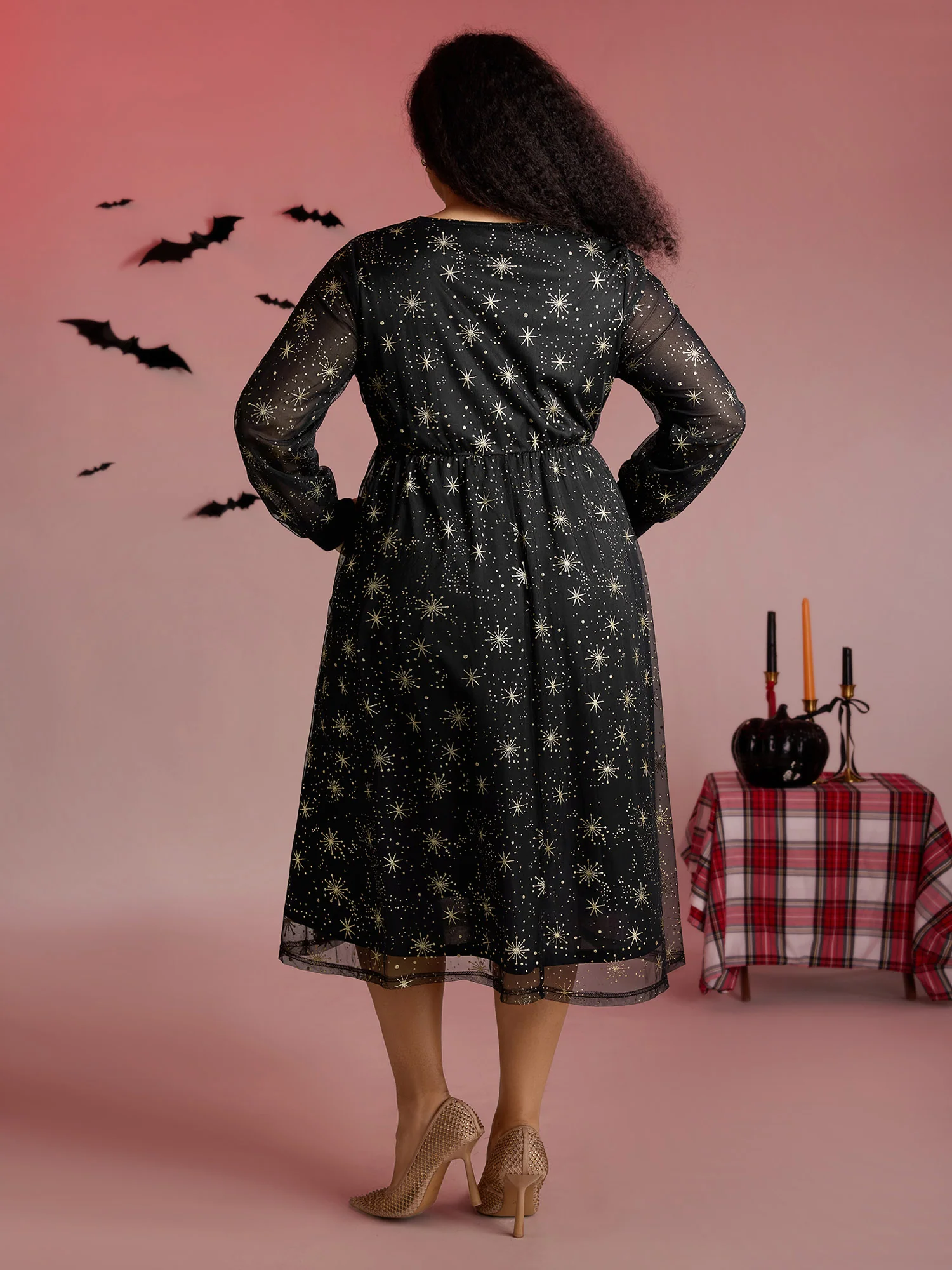 Star Moon Mesh Cinched-Waist Midi Dress - Image 4