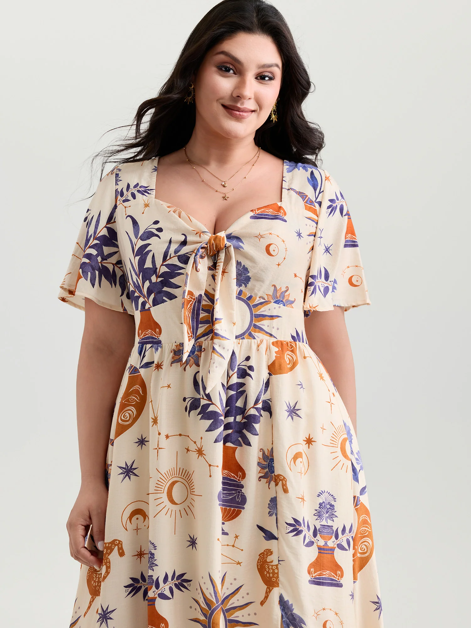 Star Moon Shirred Front-Knot Midi Dress - Image 2
