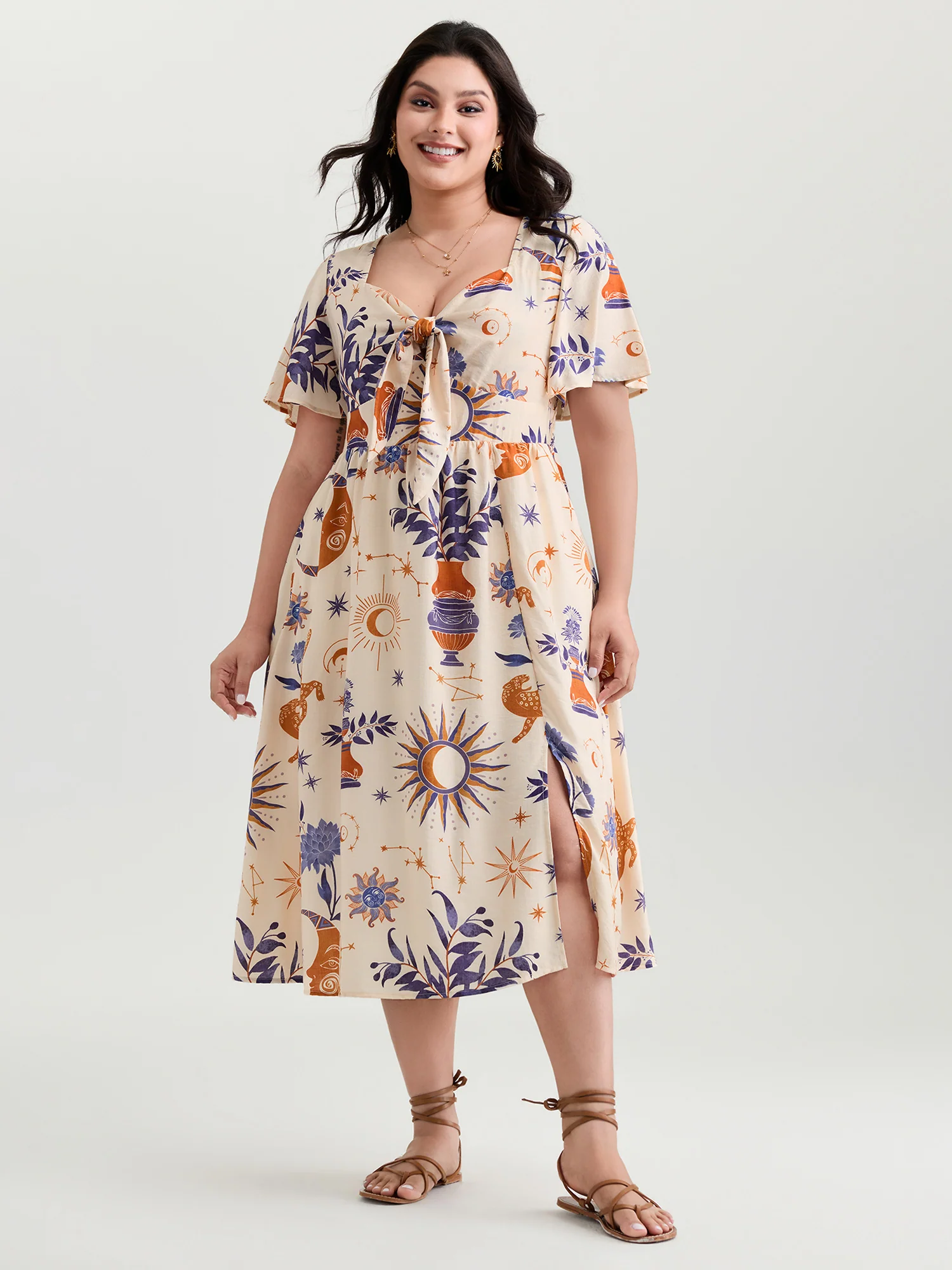 Star Moon Shirred Front-Knot Midi Dress - Image 3