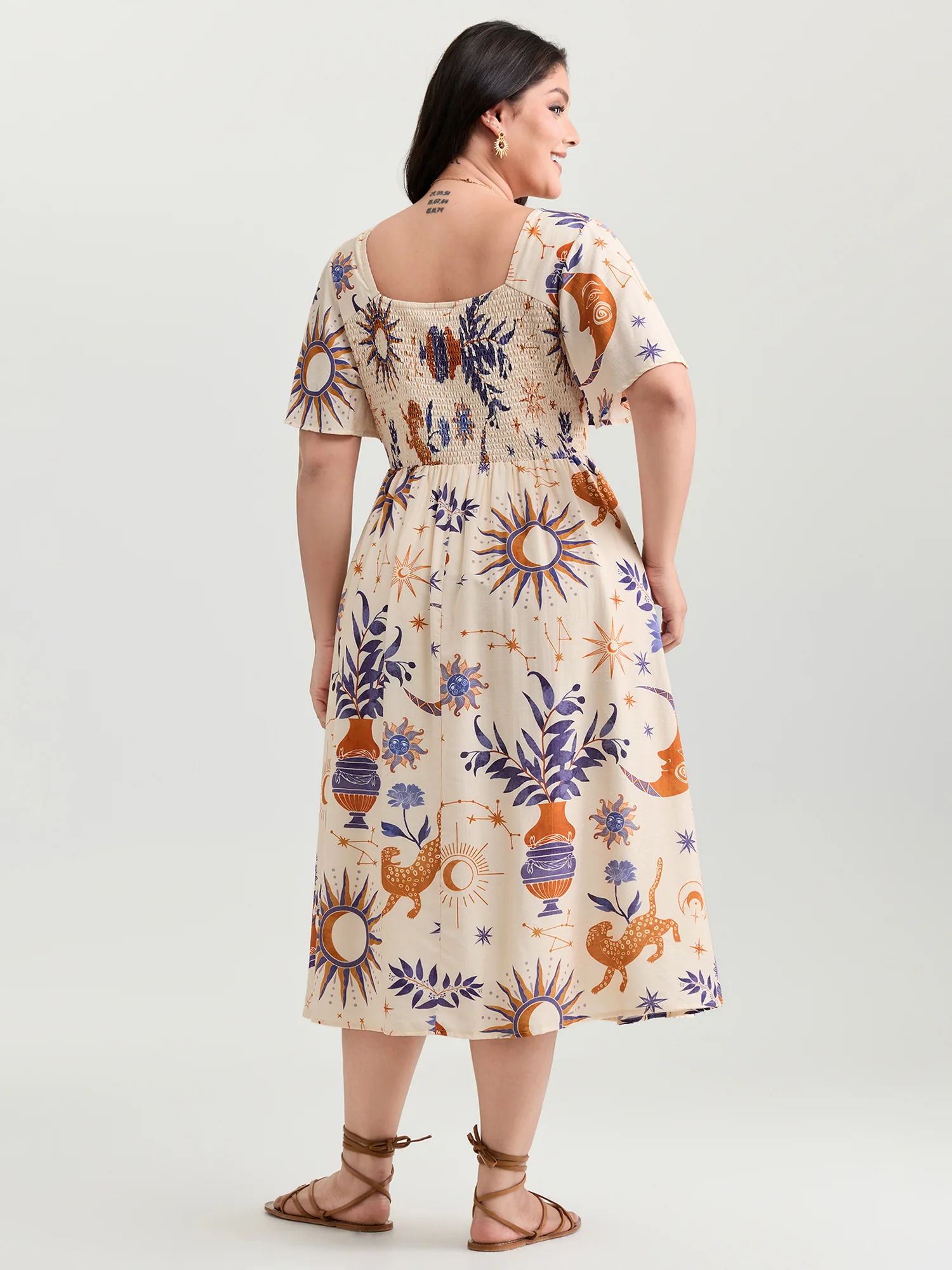 Star Moon Shirred Front-Knot Midi Dress - Image 5