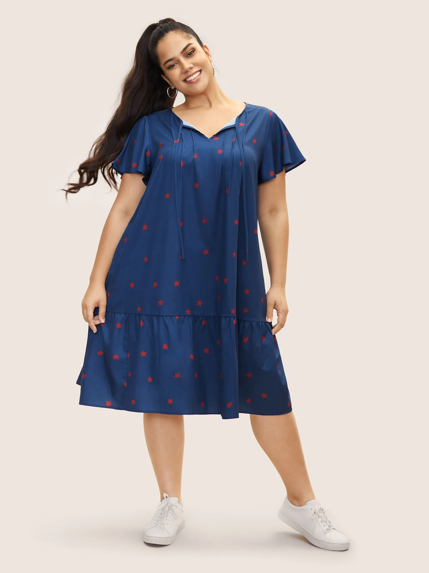 Star Pleated Tie Knot Ruffle Sleeve Dress - Image 2