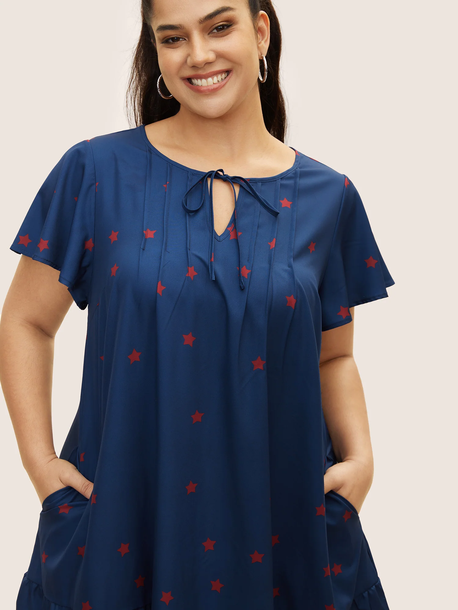 Star Pleated Tie Knot Ruffle Sleeve Dress - Image 4