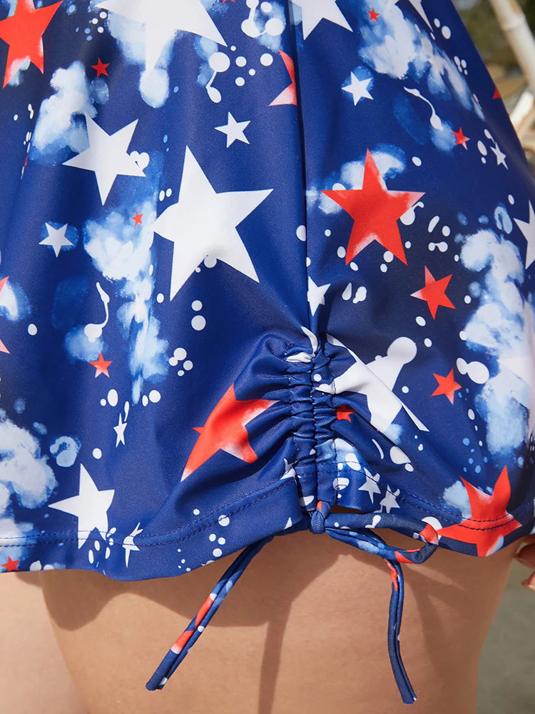 Star Print Drawstring Cut Out Knotted Back Tankini Top - Image 10