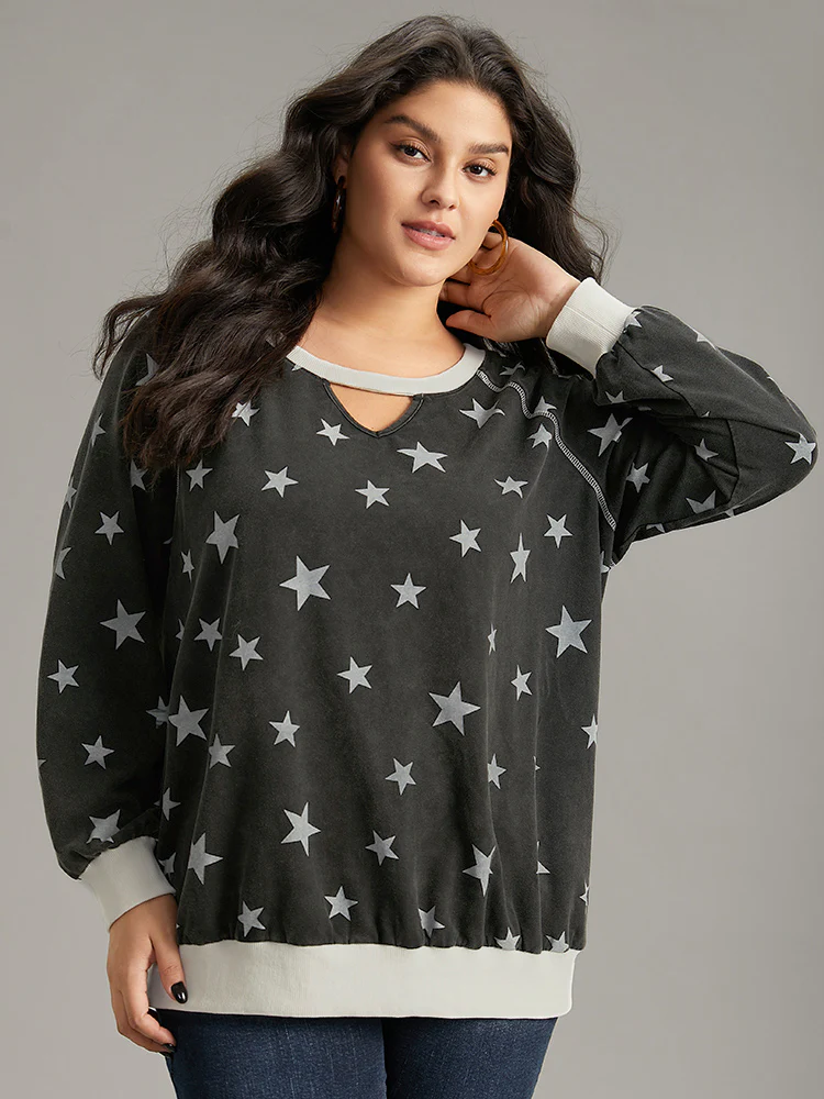 Star Print Keyhole Rib Knit Hem Sweatshirt - Image 2