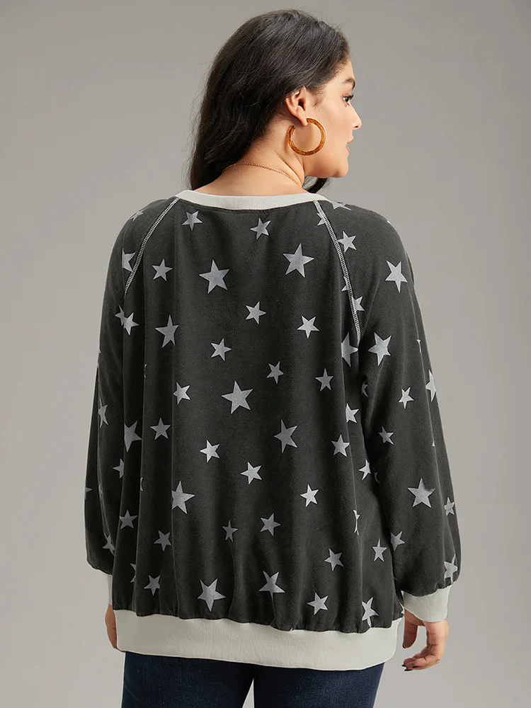 Star Print Keyhole Rib Knit Hem Sweatshirt - Image 3