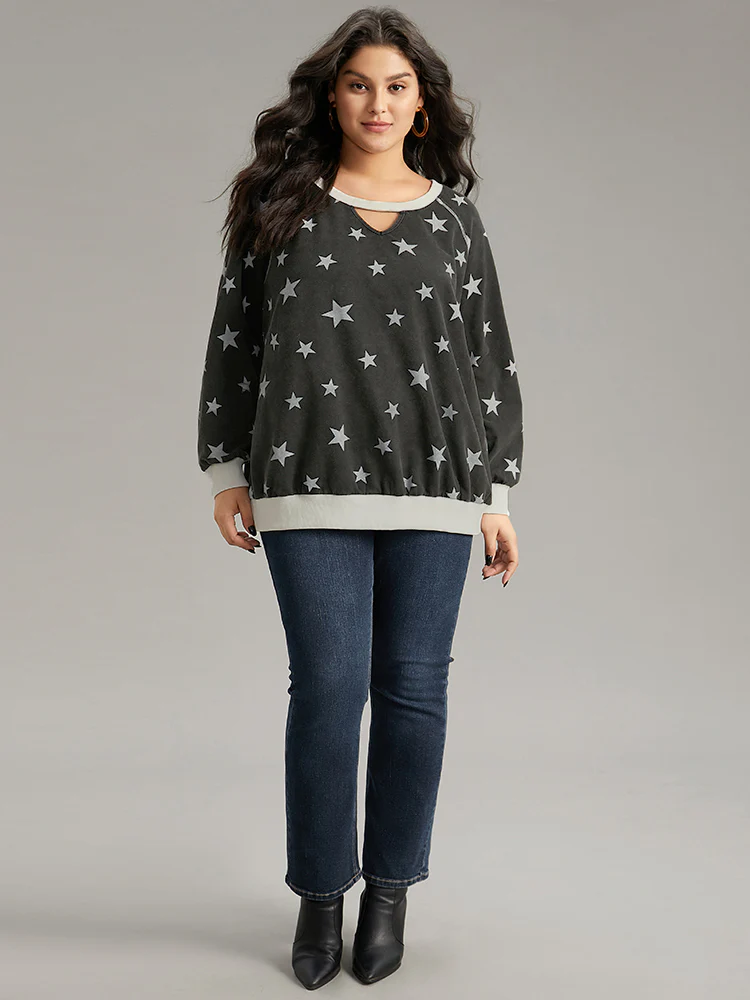 Star Print Keyhole Rib Knit Hem Sweatshirt - Image 4