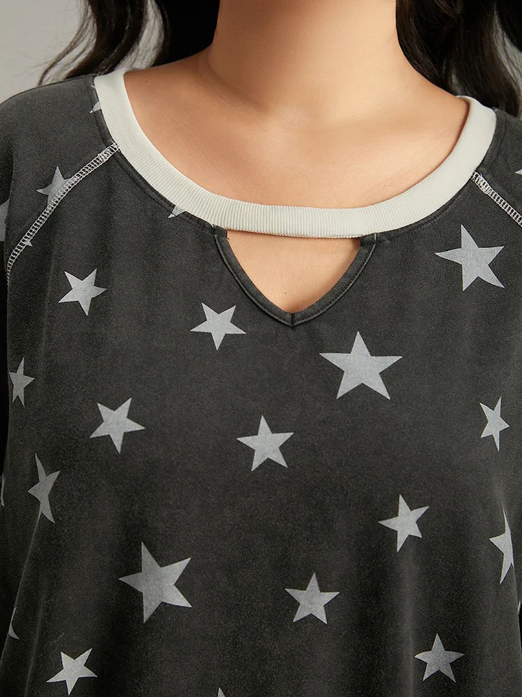 Star Print Keyhole Rib Knit Hem Sweatshirt - Image 5