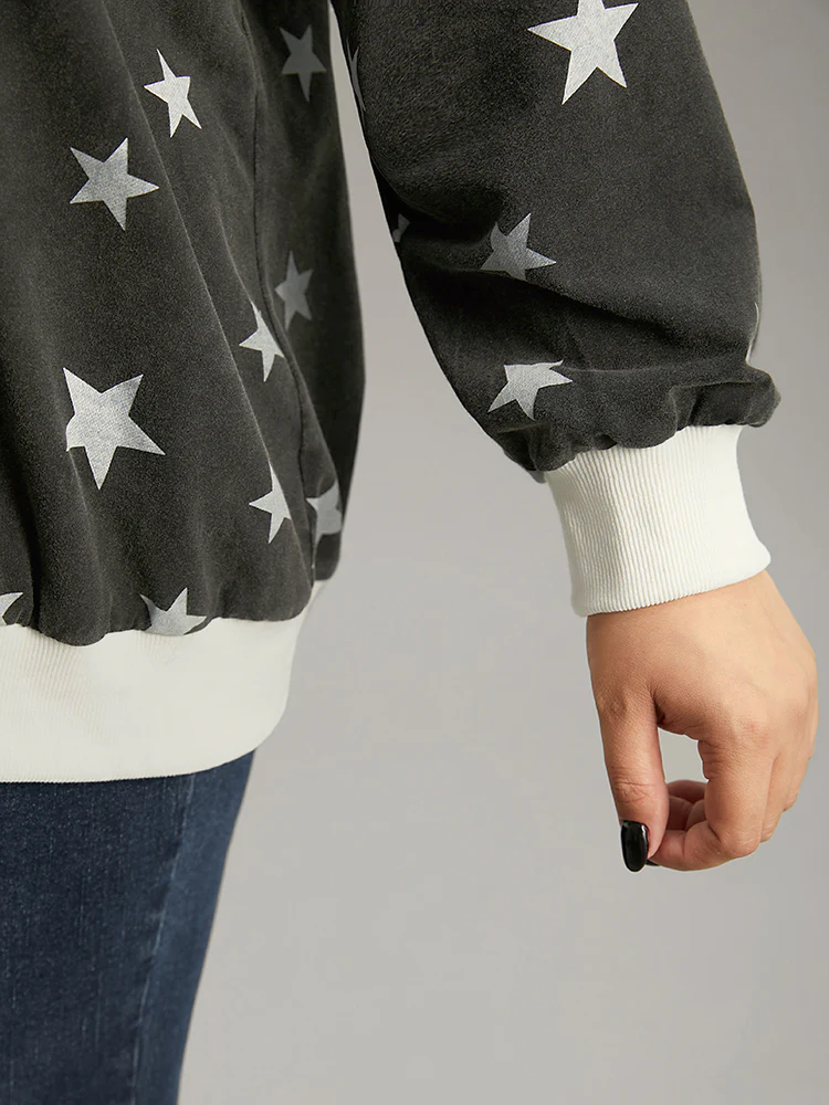 Star Print Keyhole Rib Knit Hem Sweatshirt - Image 6