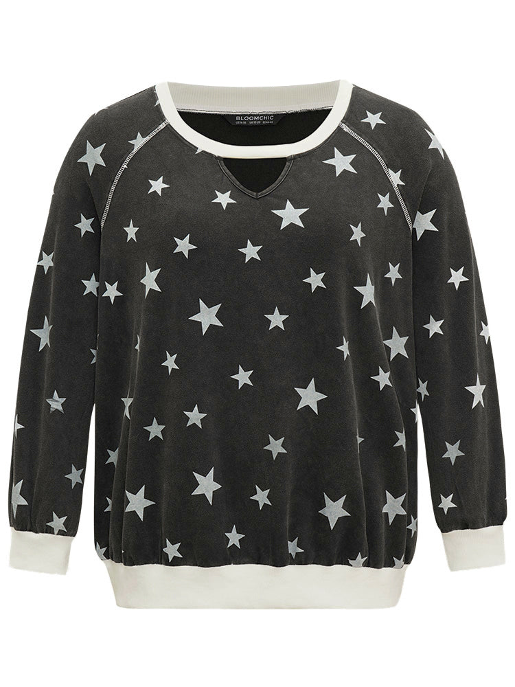 Star Print Keyhole Rib Knit Hem Sweatshirt - Image 7
