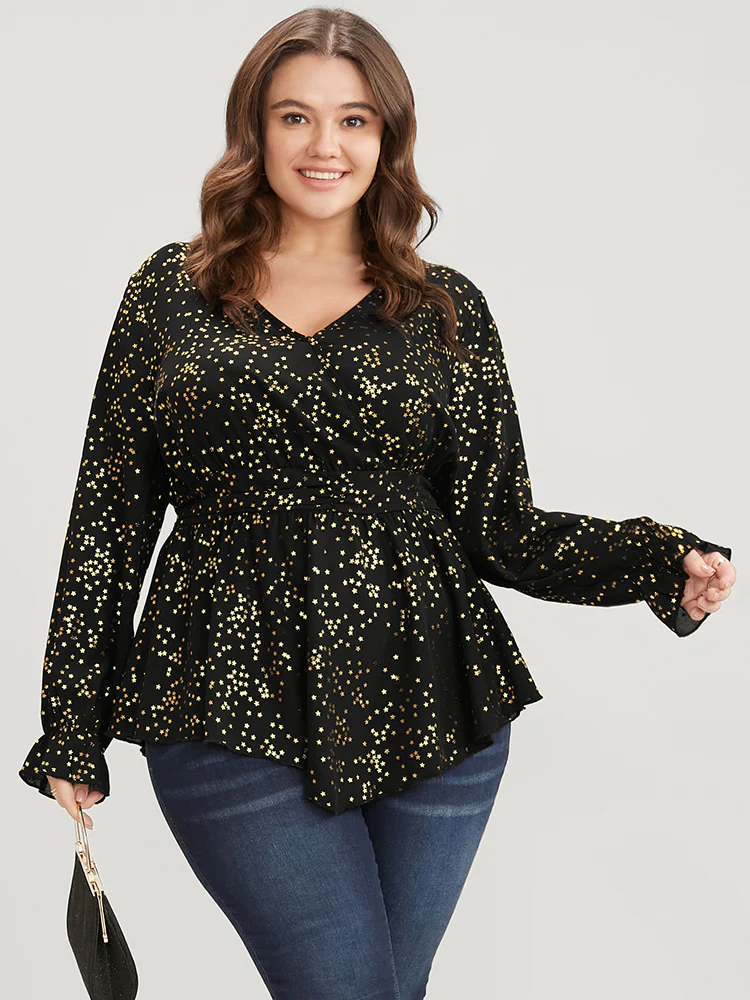Star Print Lantern Sleeve Asymmetrical Ruffles Hem Wrap Blouse - Image 2