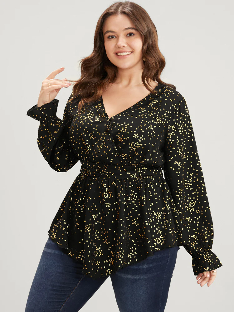Star Print Lantern Sleeve Asymmetrical Ruffles Hem Wrap Blouse - Image 3