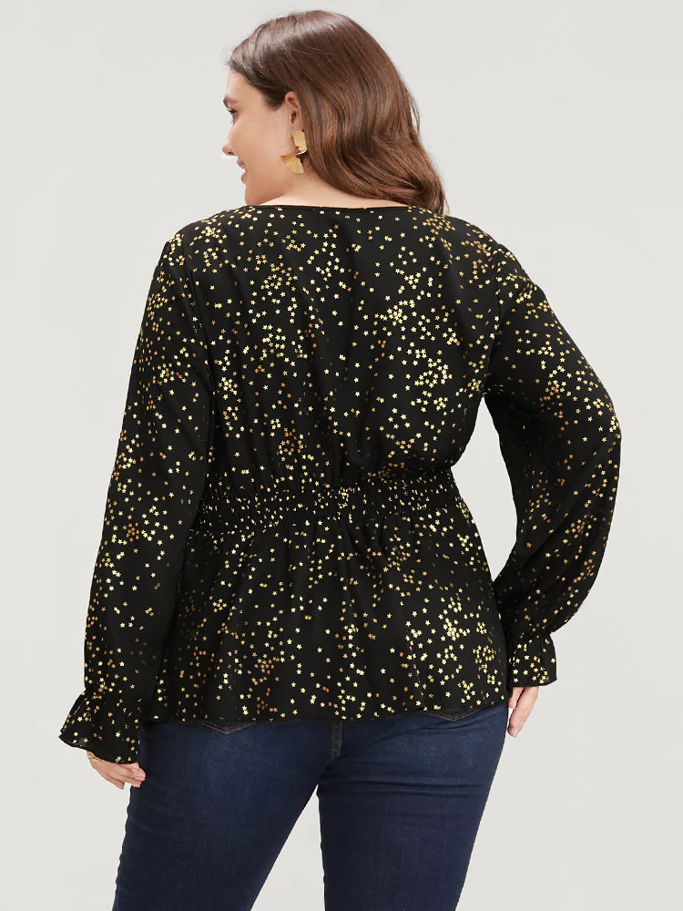 Star Print Lantern Sleeve Asymmetrical Ruffles Hem Wrap Blouse - Image 5