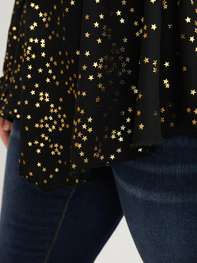 Star Print Lantern Sleeve Asymmetrical Ruffles Hem Wrap Blouse - Image 6