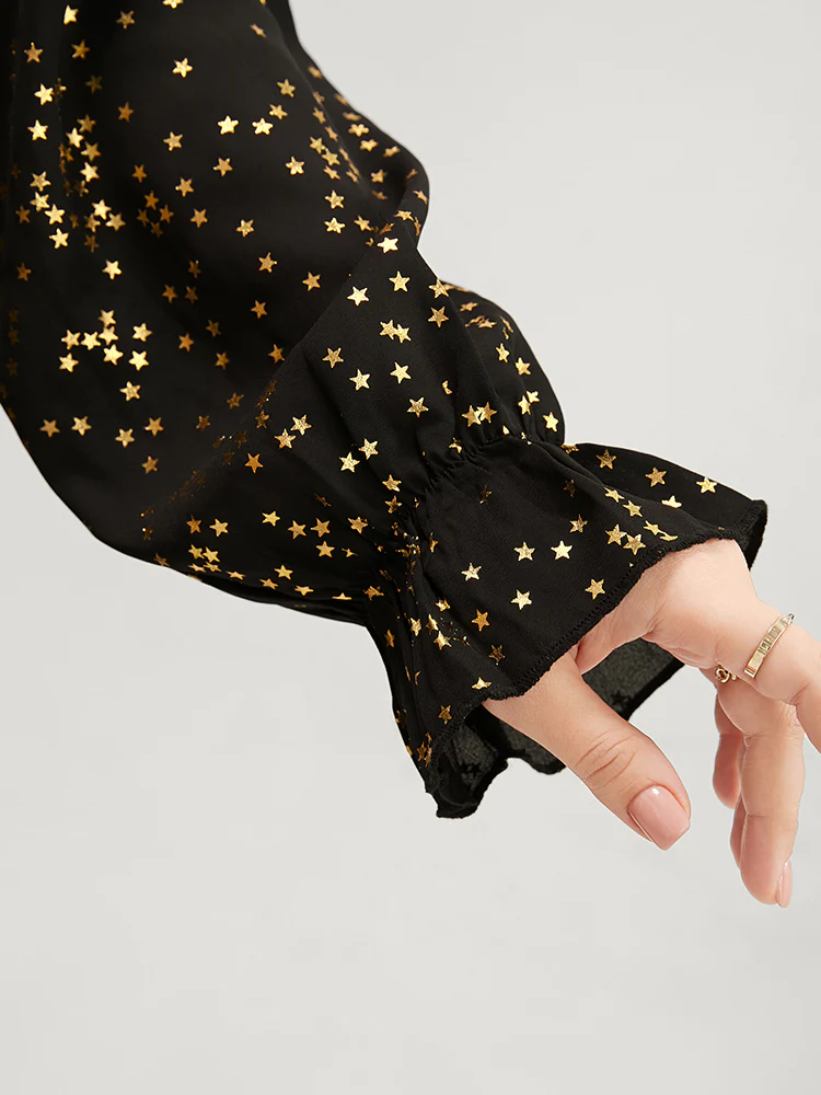 Star Print Lantern Sleeve Asymmetrical Ruffles Hem Wrap Blouse - Image 8