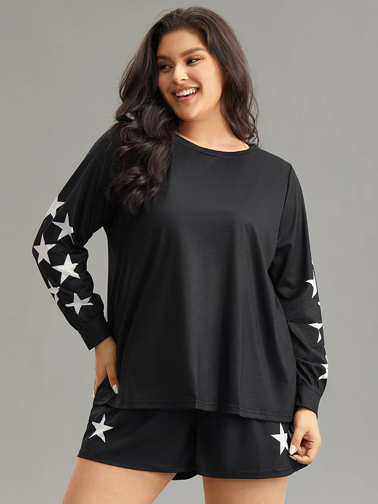 Star Print Long Sleeve Relaxed-Fit Pajama Top