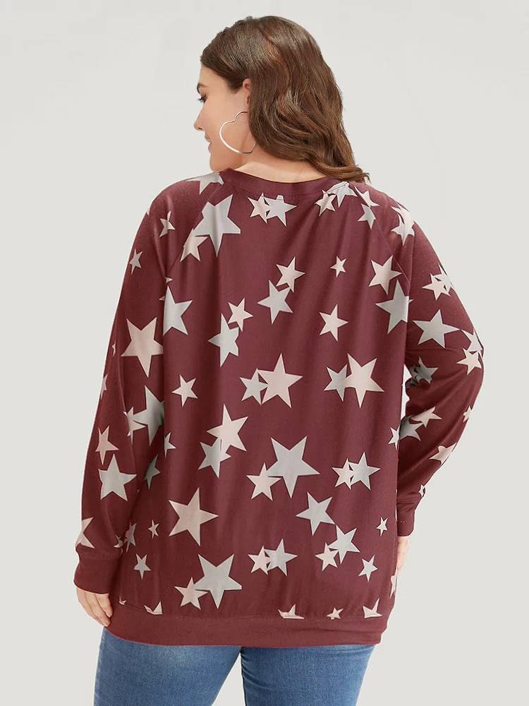 Star Print V Neck Raglan Sleeve Sweatshirt - Image 2