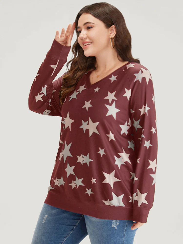 Star Print V Neck Raglan Sleeve Sweatshirt - Image 3