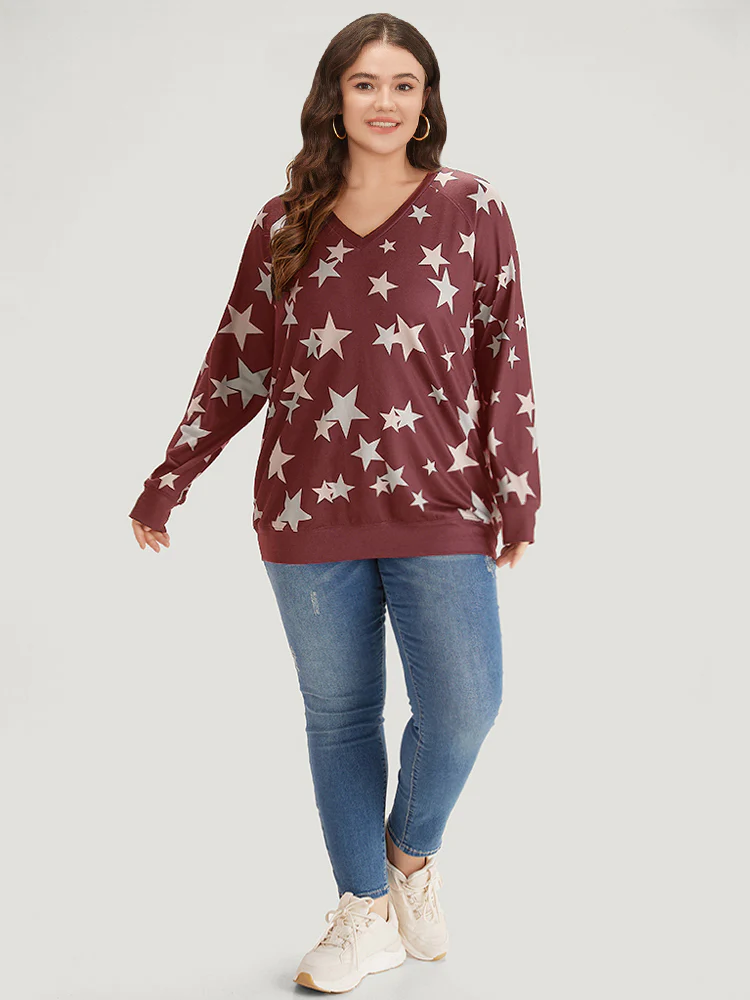 Star Print V Neck Raglan Sleeve Sweatshirt - Image 4