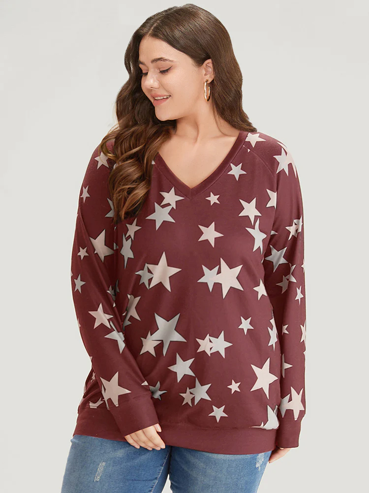 Star Print V Neck Raglan Sleeve Sweatshirt - Image 5