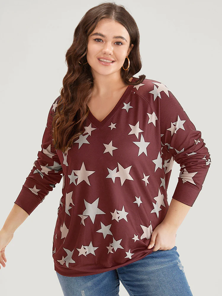 Star Print V Neck Raglan Sleeve Sweatshirt - Image 6
