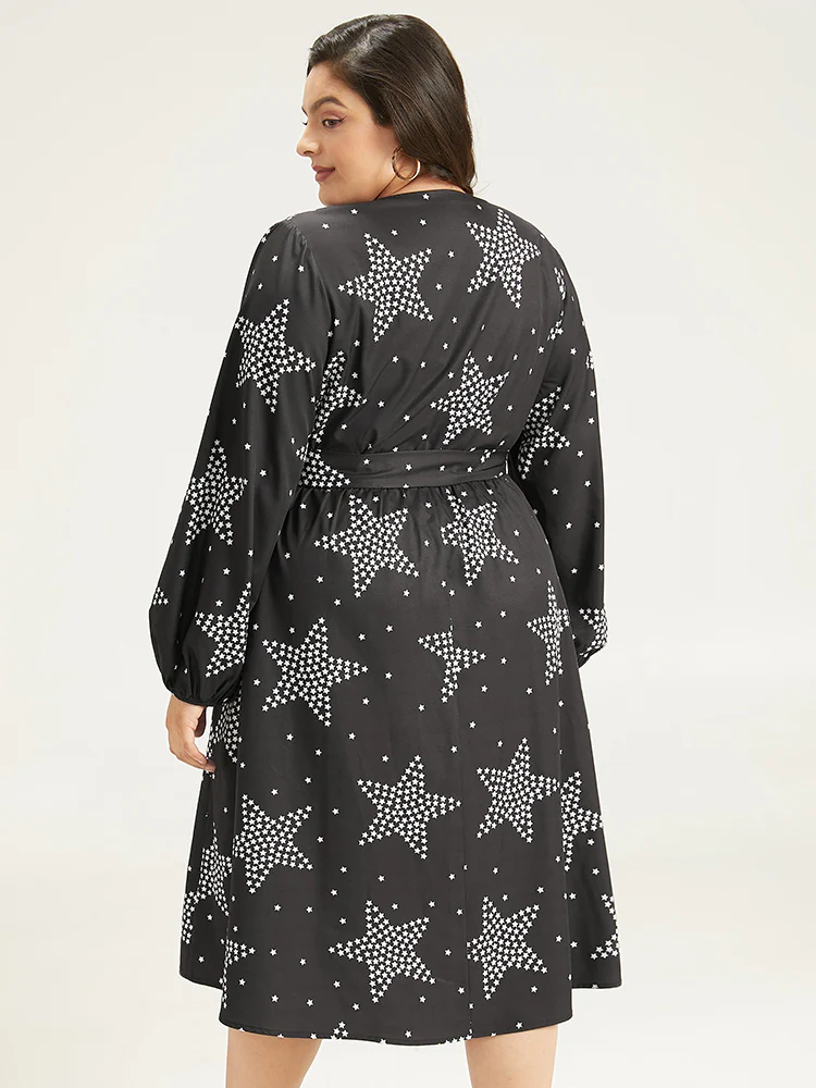 Star Print Wrap Belted Lantern Sleeve Dress - Image 2