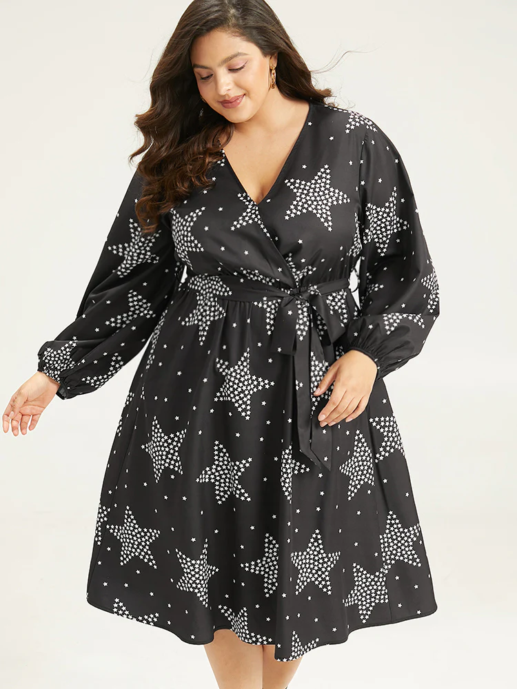 Star Print Wrap Belted Lantern Sleeve Dress - Image 3