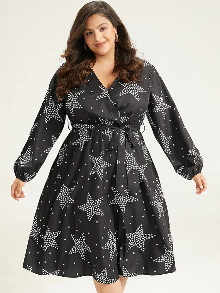 Star Print Wrap Belted Lantern Sleeve Dress - Image 4