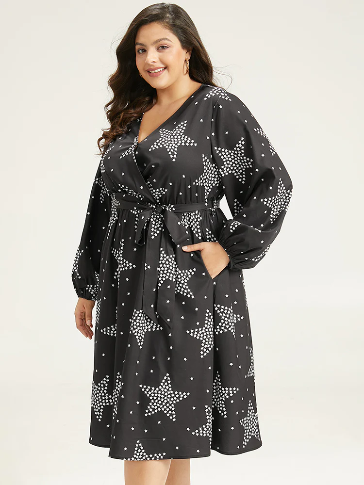 Star Print Wrap Belted Lantern Sleeve Dress - Image 5