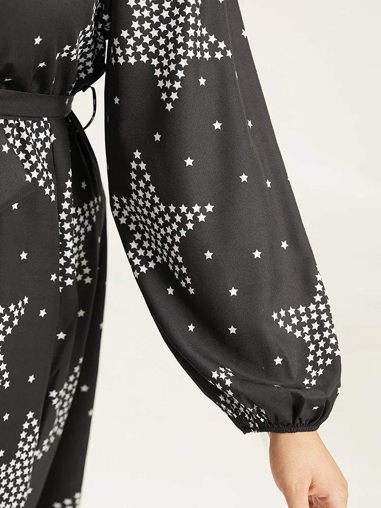Star Print Wrap Belted Lantern Sleeve Dress - Image 7