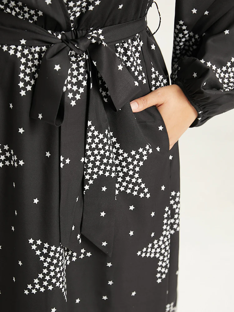 Star Print Wrap Belted Lantern Sleeve Dress - Image 8