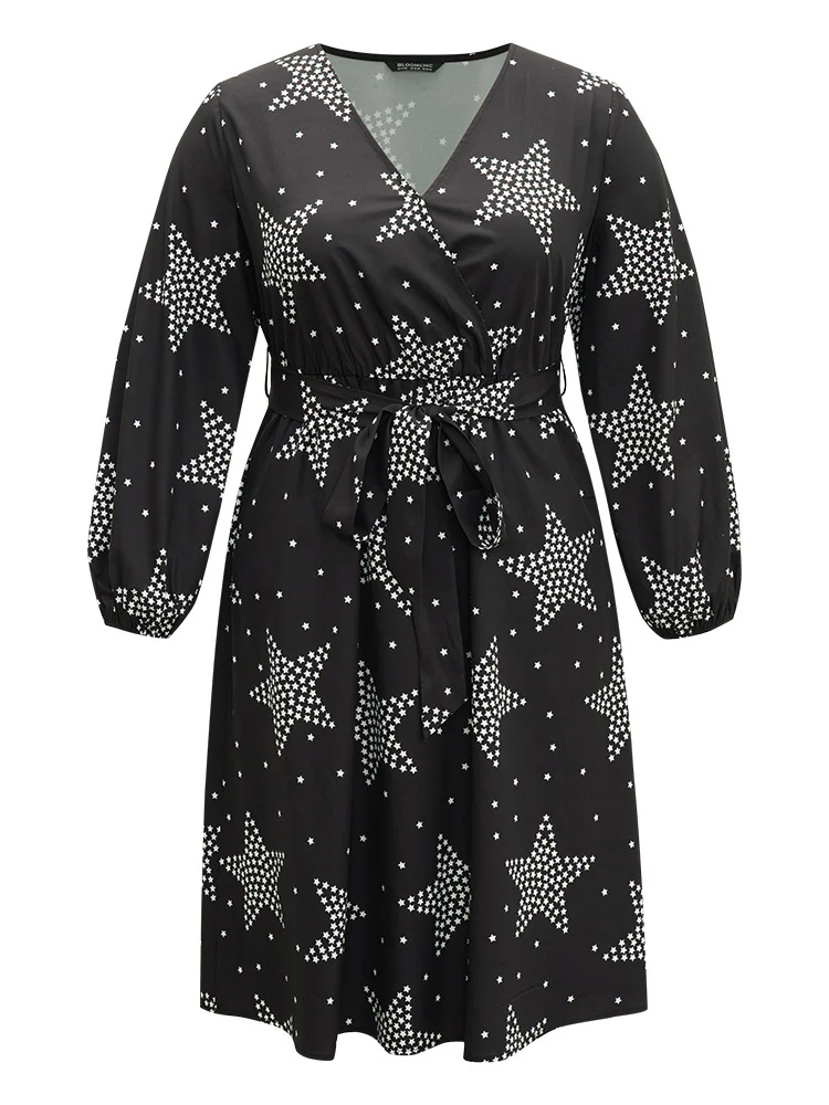Star Print Wrap Belted Lantern Sleeve Dress - Image 9