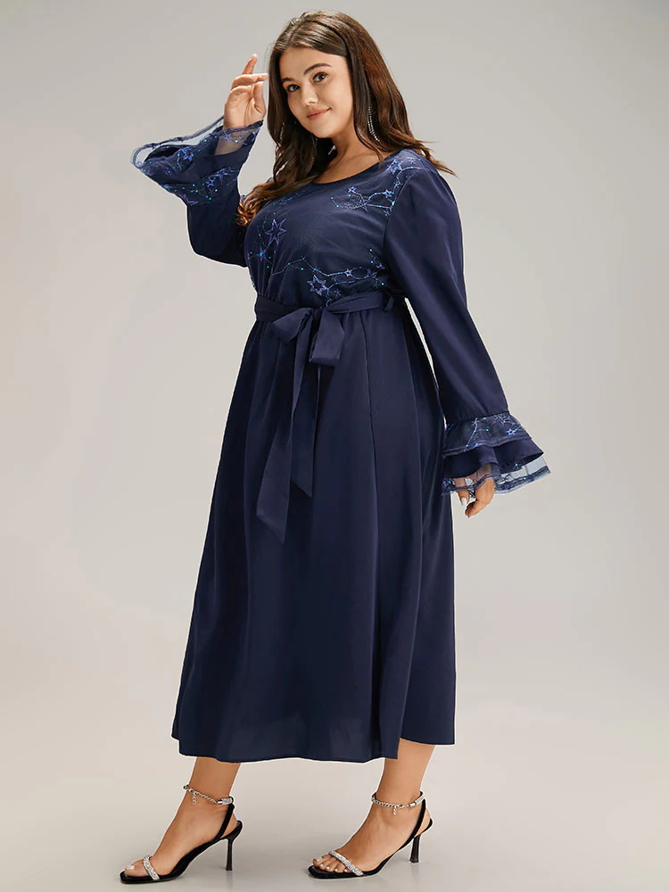 Star Sequin Mesh Layered Sleeve Dress - Image 2
