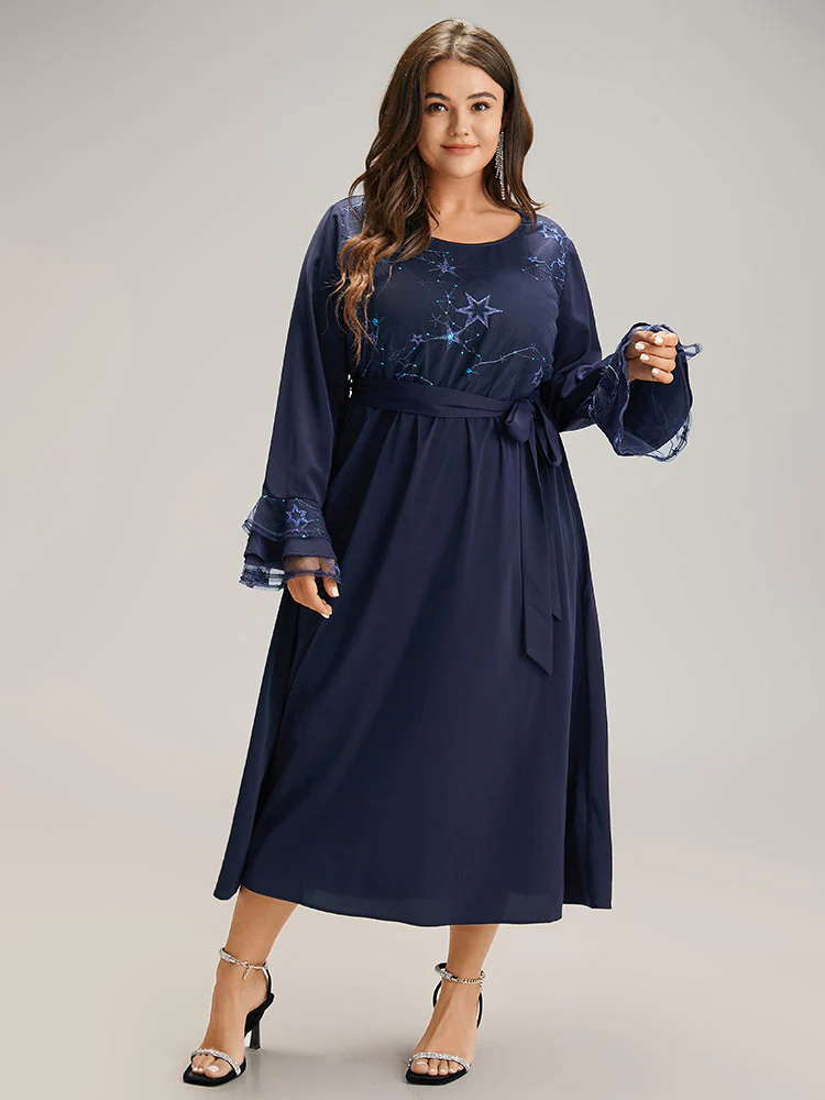 Star Sequin Mesh Layered Sleeve Dress - Image 4