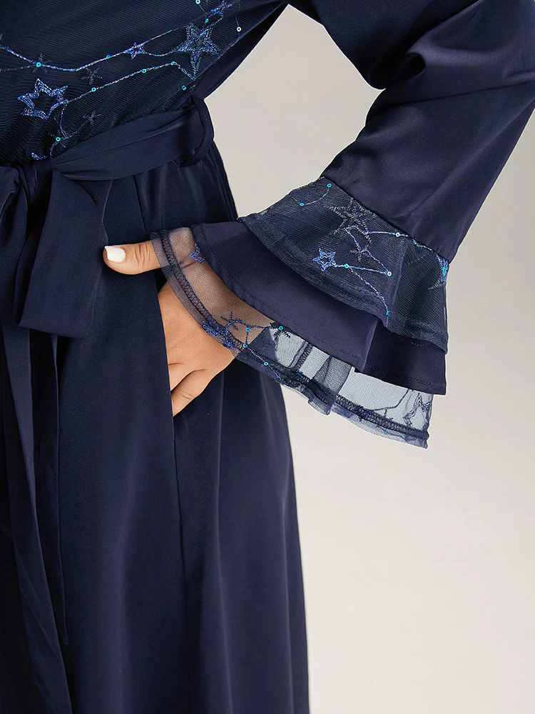 Star Sequin Mesh Layered Sleeve Dress - Image 7