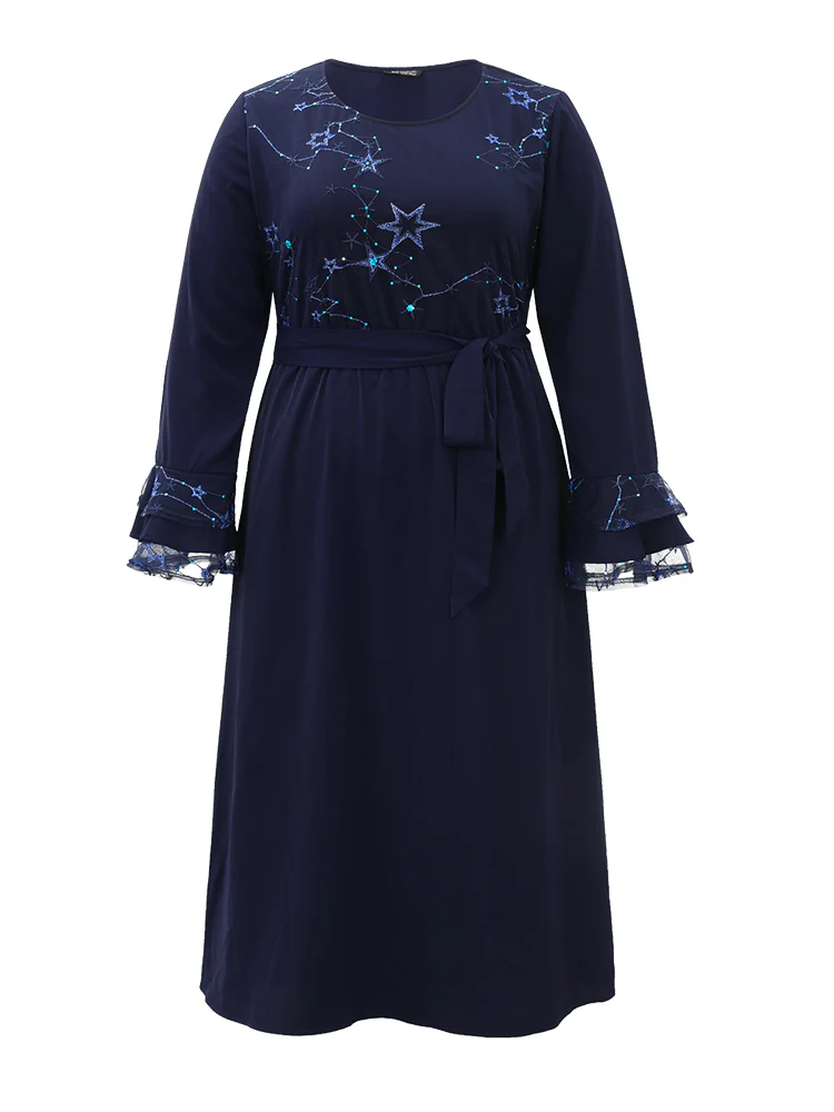 Star Sequin Mesh Layered Sleeve Dress - Image 8