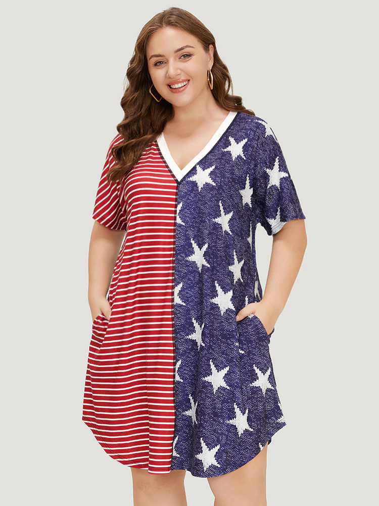 Star & Striped Patchwork Curved Hem Pocket Dress