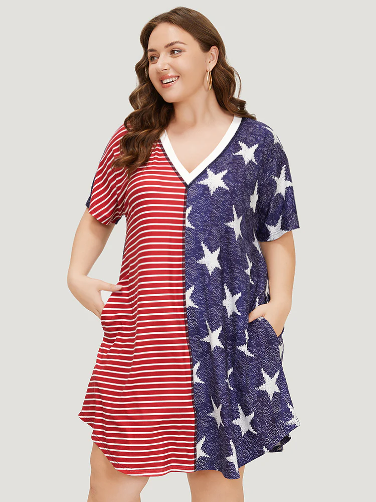 Star & Striped Patchwork Curved Hem Pocket Dress - Image 3