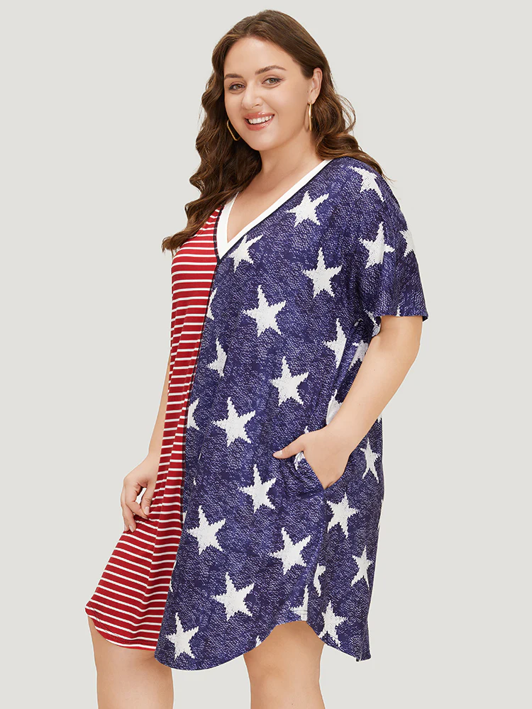 Star & Striped Patchwork Curved Hem Pocket Dress - Image 4