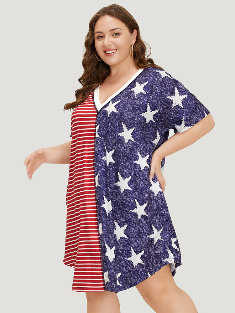 Star & Striped Patchwork Curved Hem Pocket Dress - Image 5