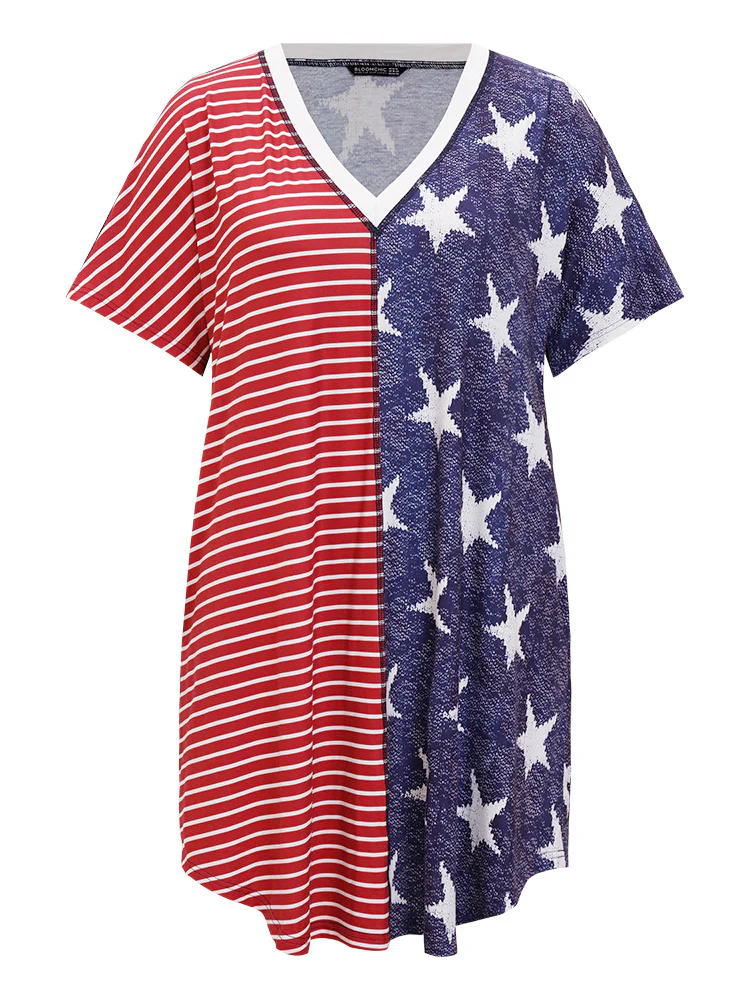 Star & Striped Patchwork Curved Hem Pocket Dress - Image 7