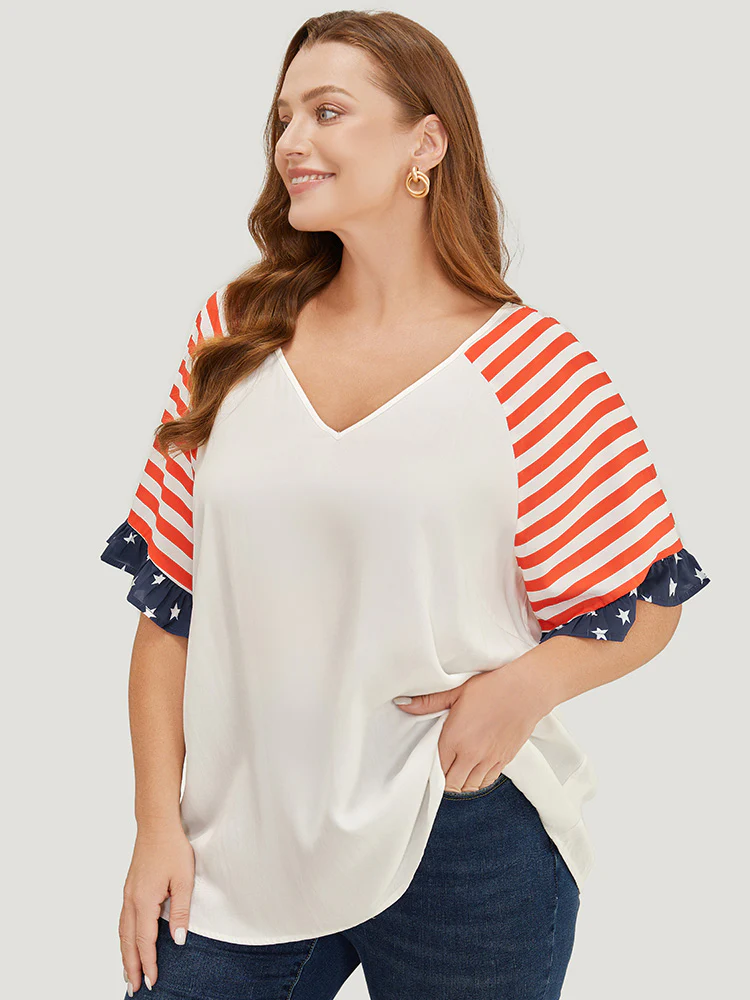 Star & Striped Print Raglan Sleeve Ruffle Trim Blouse - Image 2