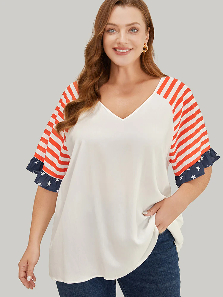 Star & Striped Print Raglan Sleeve Ruffle Trim Blouse - Image 3