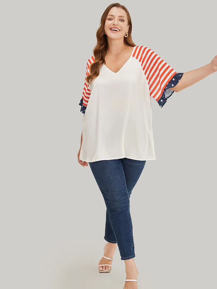 Star & Striped Print Raglan Sleeve Ruffle Trim Blouse - Image 4