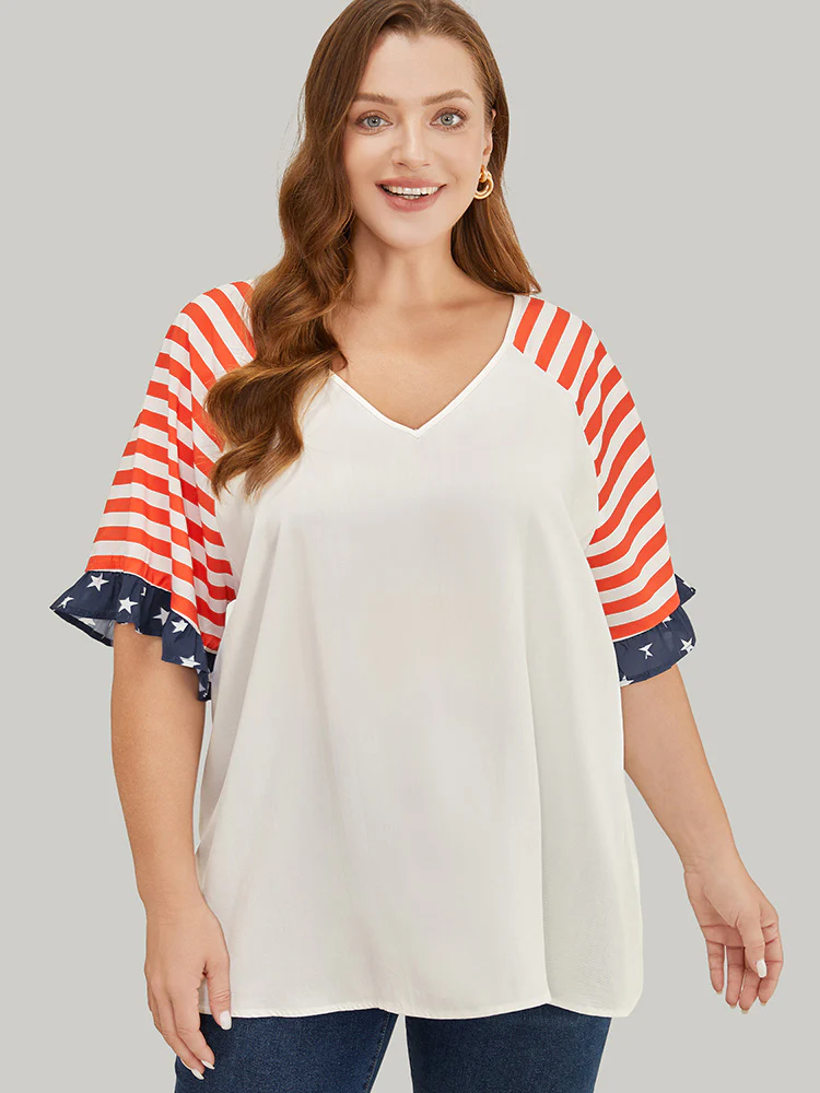 Star & Striped Print Raglan Sleeve Ruffle Trim Blouse - Image 5
