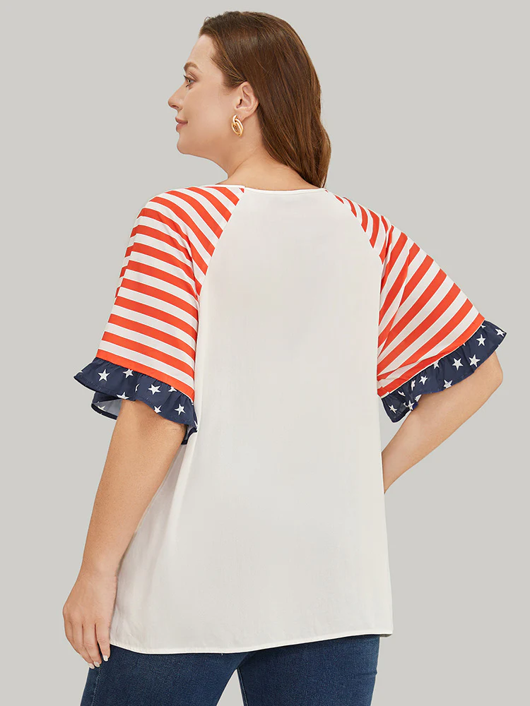 Star & Striped Print Raglan Sleeve Ruffle Trim Blouse - Image 6
