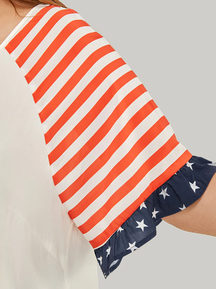 Star & Striped Print Raglan Sleeve Ruffle Trim Blouse - Image 8