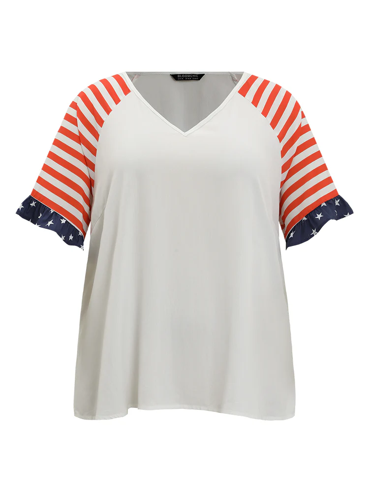 Star & Striped Print Raglan Sleeve Ruffle Trim Blouse - Image 9